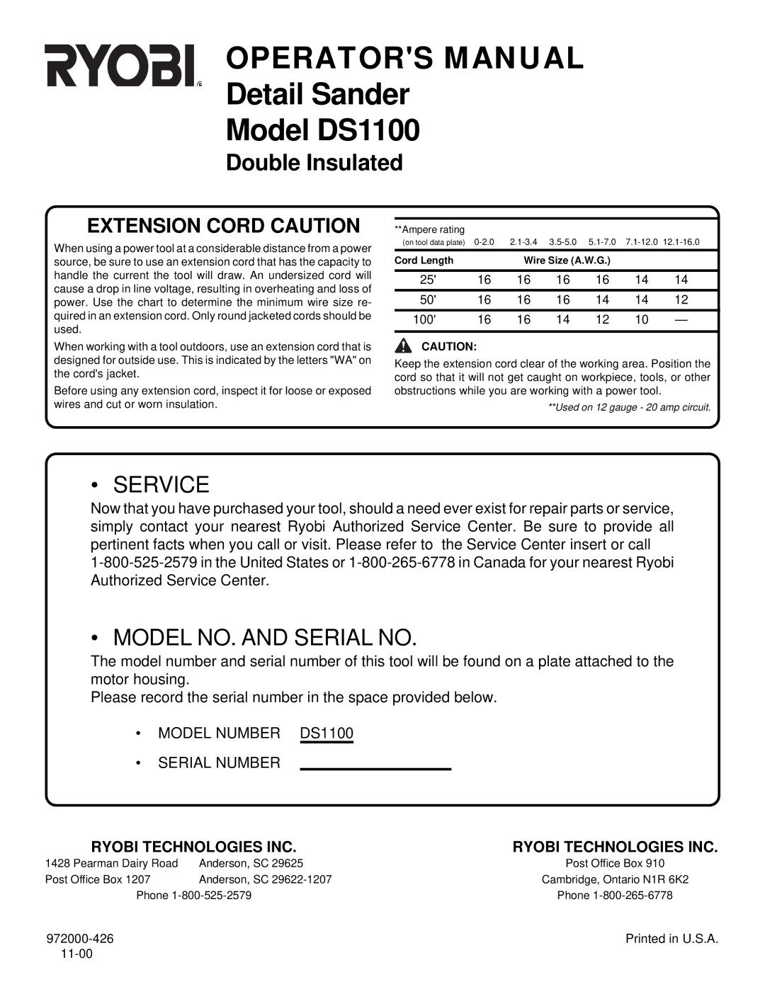 Ryobi DS1100 specifications Operators Manual, Ryobi Technologies INC 