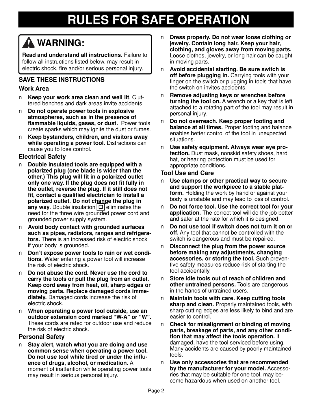 Ryobi DS1100 specifications Rules for Safe Operation, Work Area 