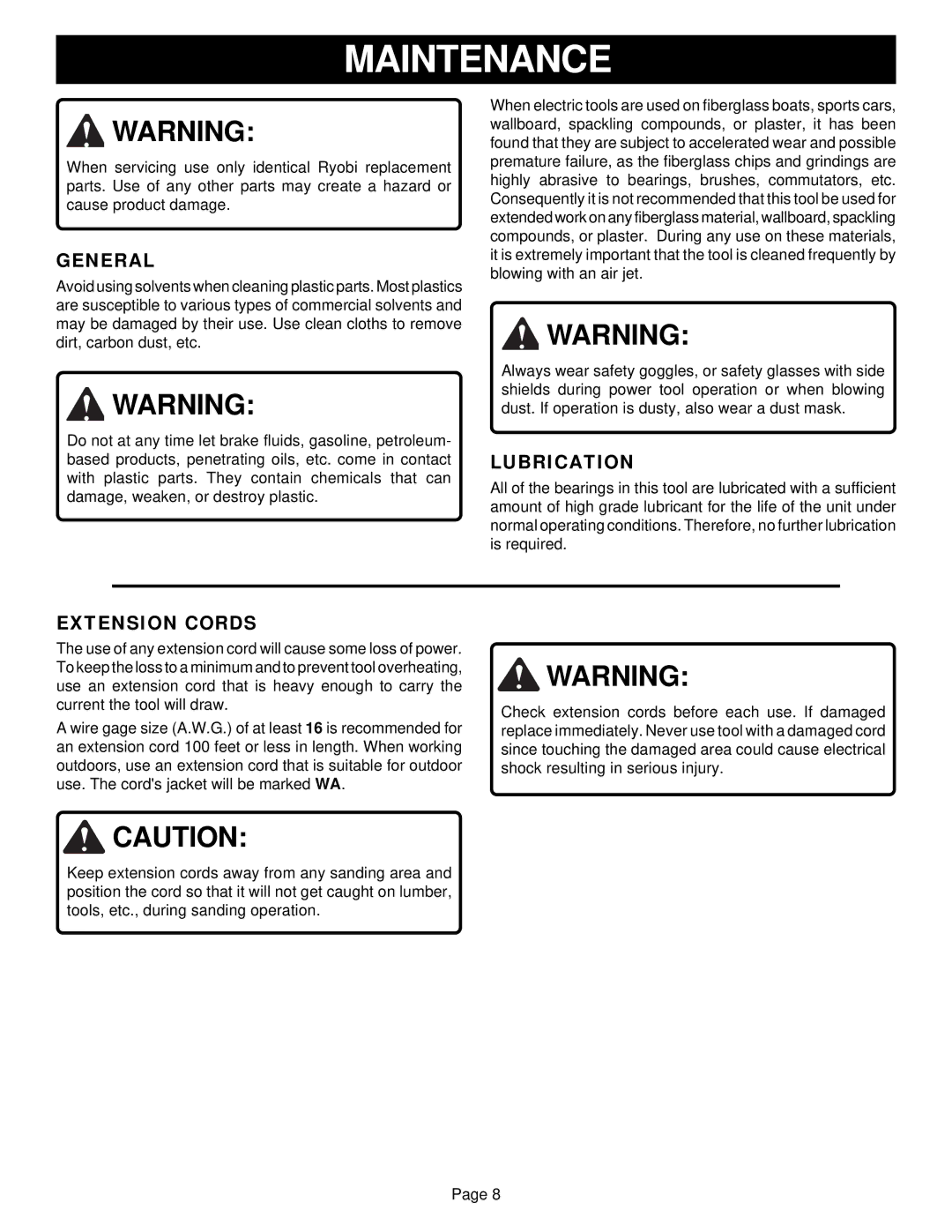 Ryobi DS1100 specifications Maintenance, General, Lubrication, Extension Cords 