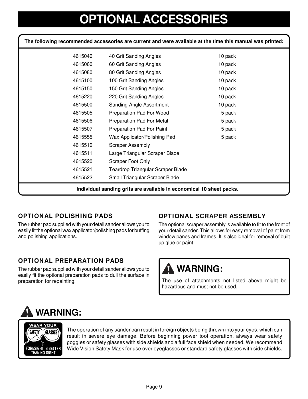 Ryobi DS1100 Optional Accessories, Optional Polishing Pads, Optional Scraper Assembly, Optional Preparation Pads 