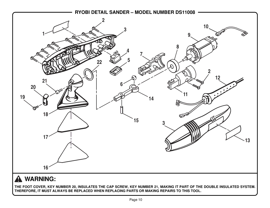 Ryobi specifications Ryobi Detail Sander Model Number DS11008 