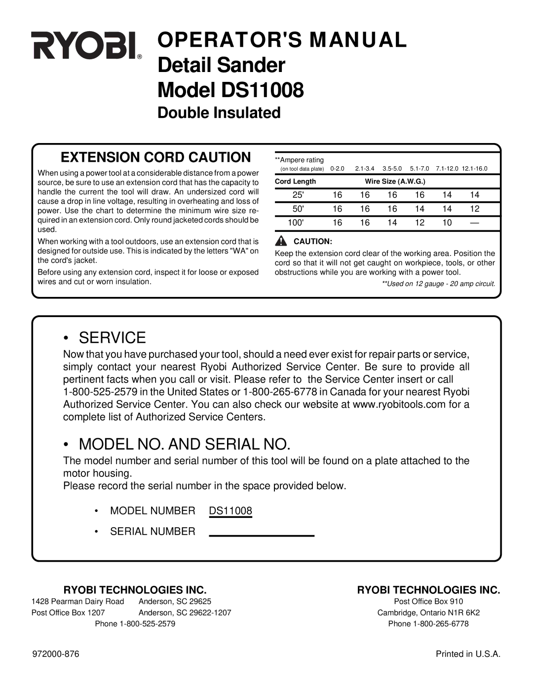 Ryobi DS11008 specifications Operators Manual, Ryobi Technologies INC 