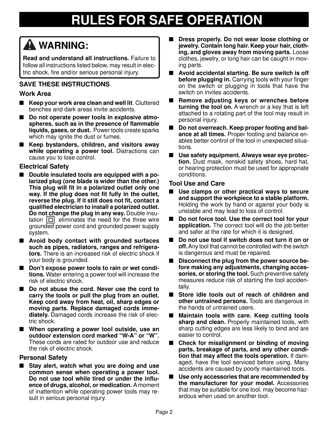 Ryobi DS11008 specifications Rules for Safe Operation, Work Area 