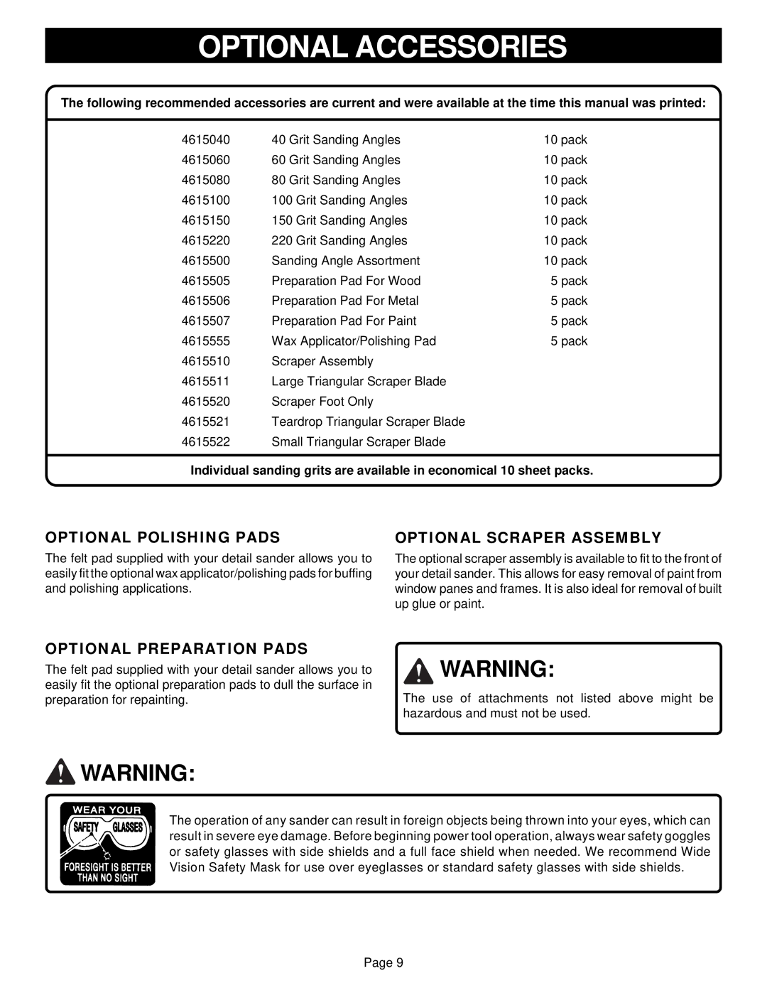 Ryobi DS11008 Optional Accessories, Optional Polishing Pads, Optional Scraper Assembly, Optional Preparation Pads 