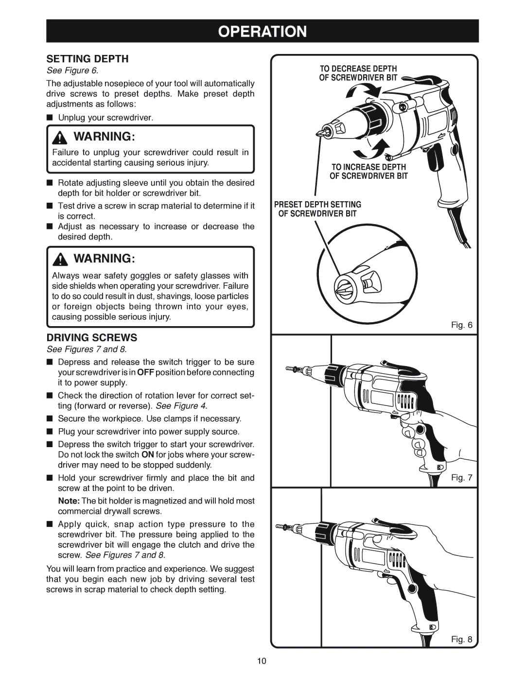 Ryobi DSG50 manual Setting Depth, Driving Screws 