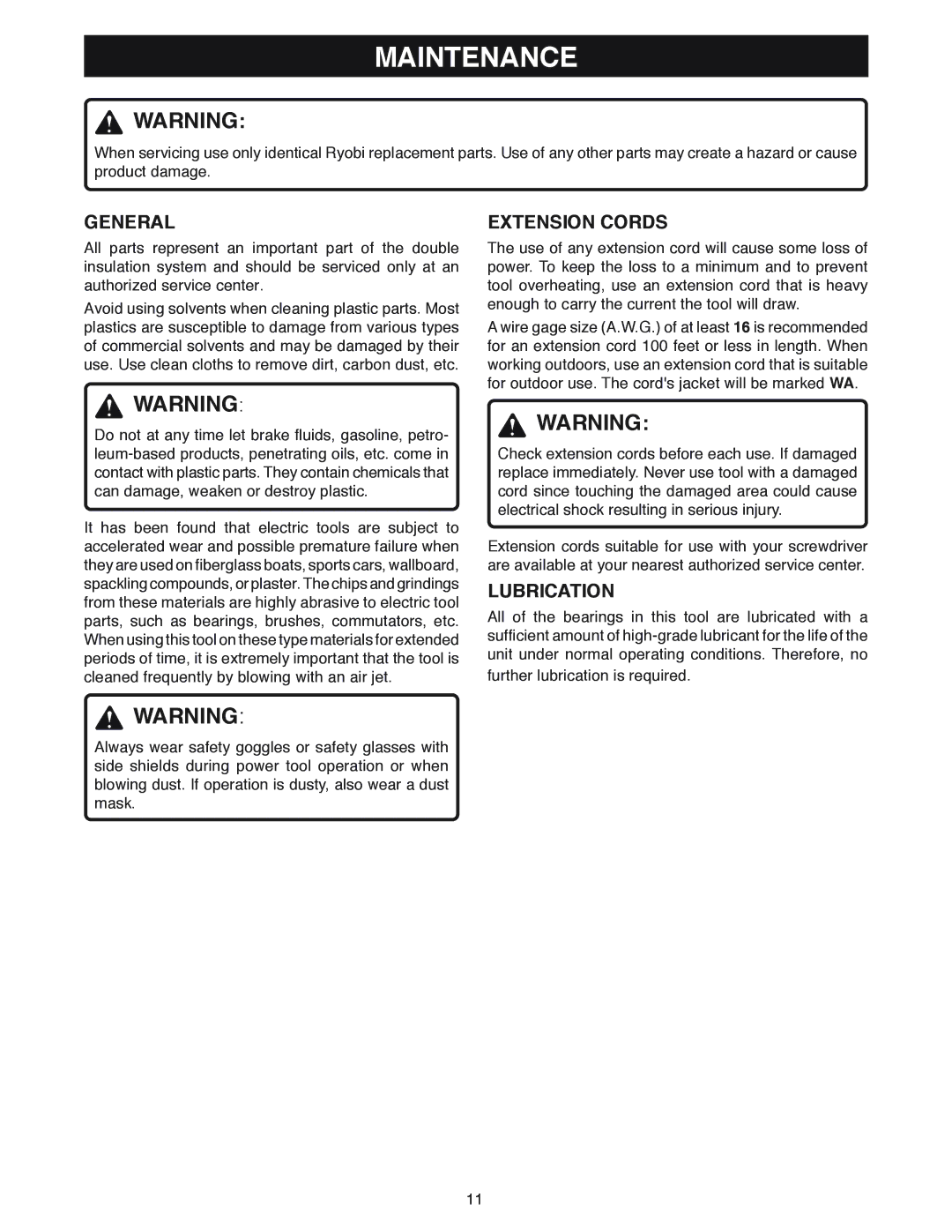 Ryobi DSG50 manual Maintenance, General, Extension Cords, Lubrication 