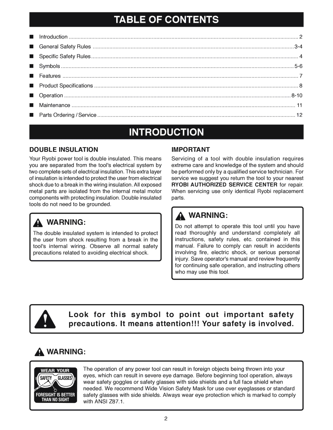 Ryobi DSG50 manual Introduction, Table of Contents 