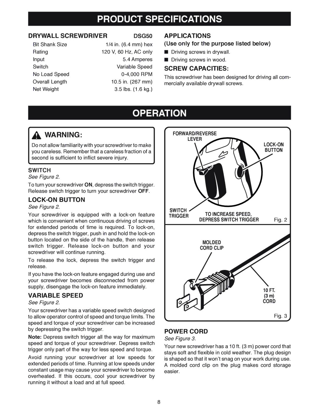 Ryobi DSG50 manual Product Specifications, Operation 