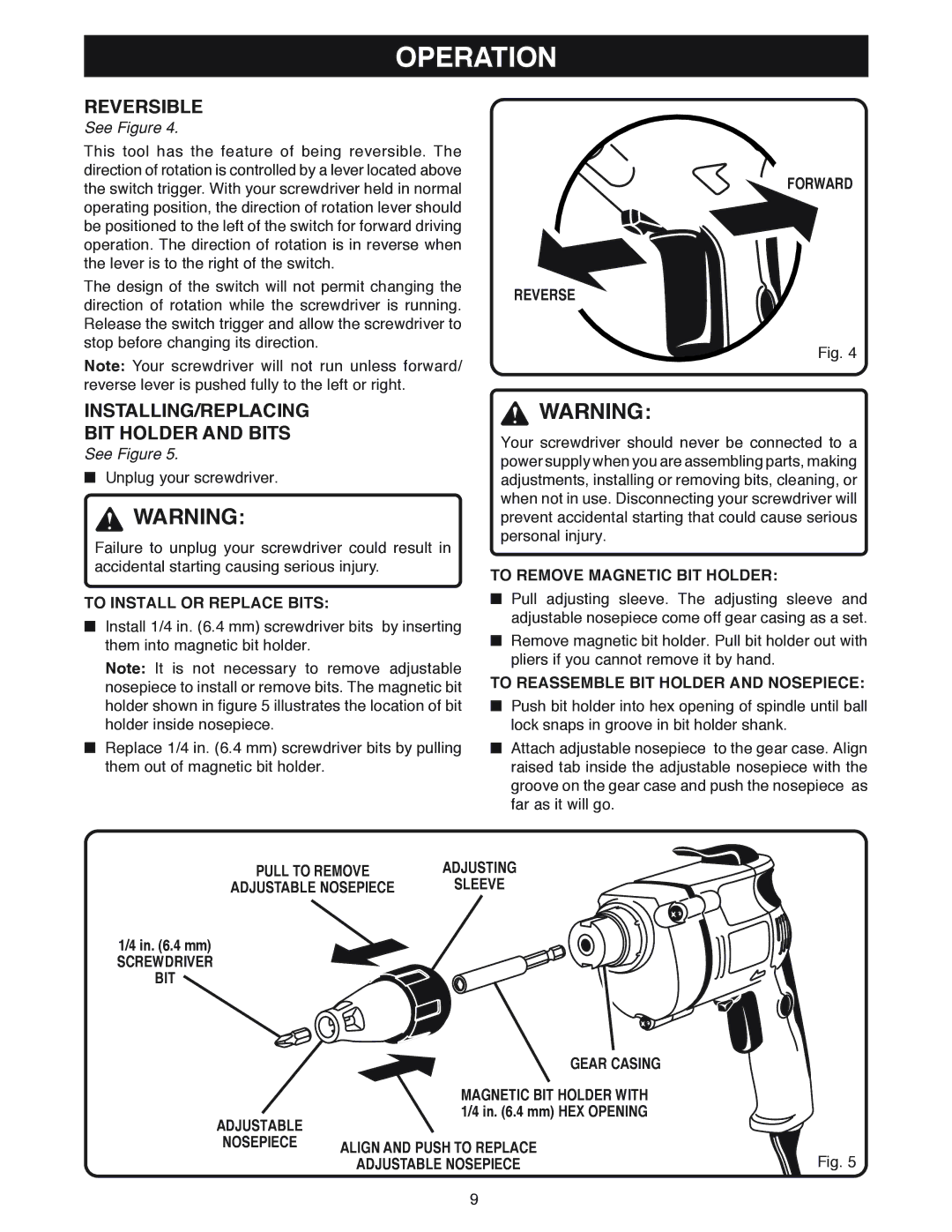 Ryobi DSG50 manual Reversible, INSTALLING/REPLACING BIT Holder and Bits 