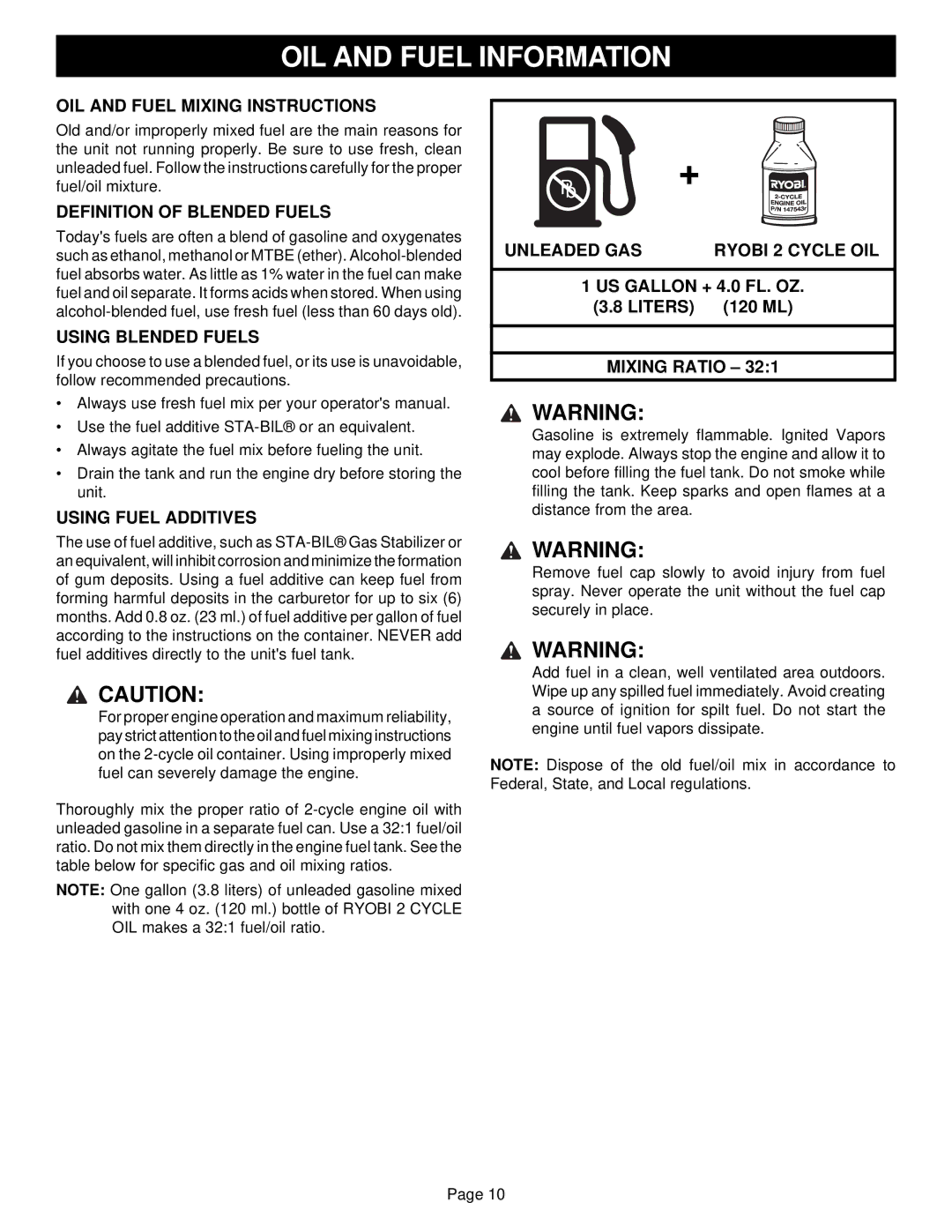 Ryobi EJ101 specifications OIL and Fuel Information 