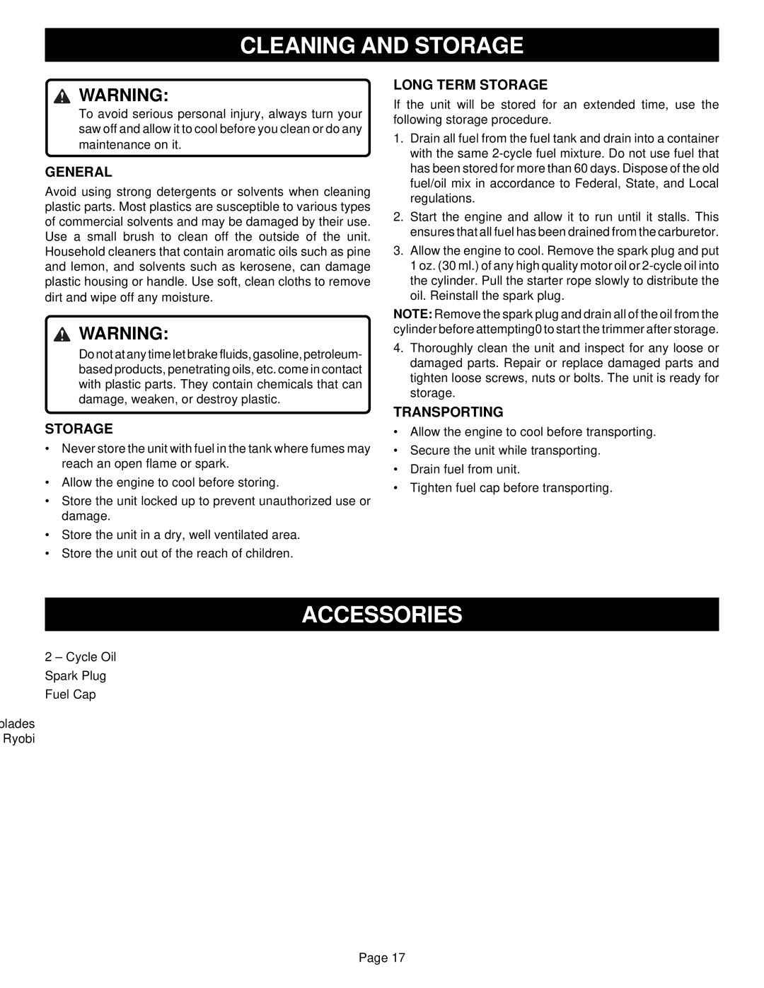 Ryobi EJ101 specifications Cleaning and Storage, Accessories 