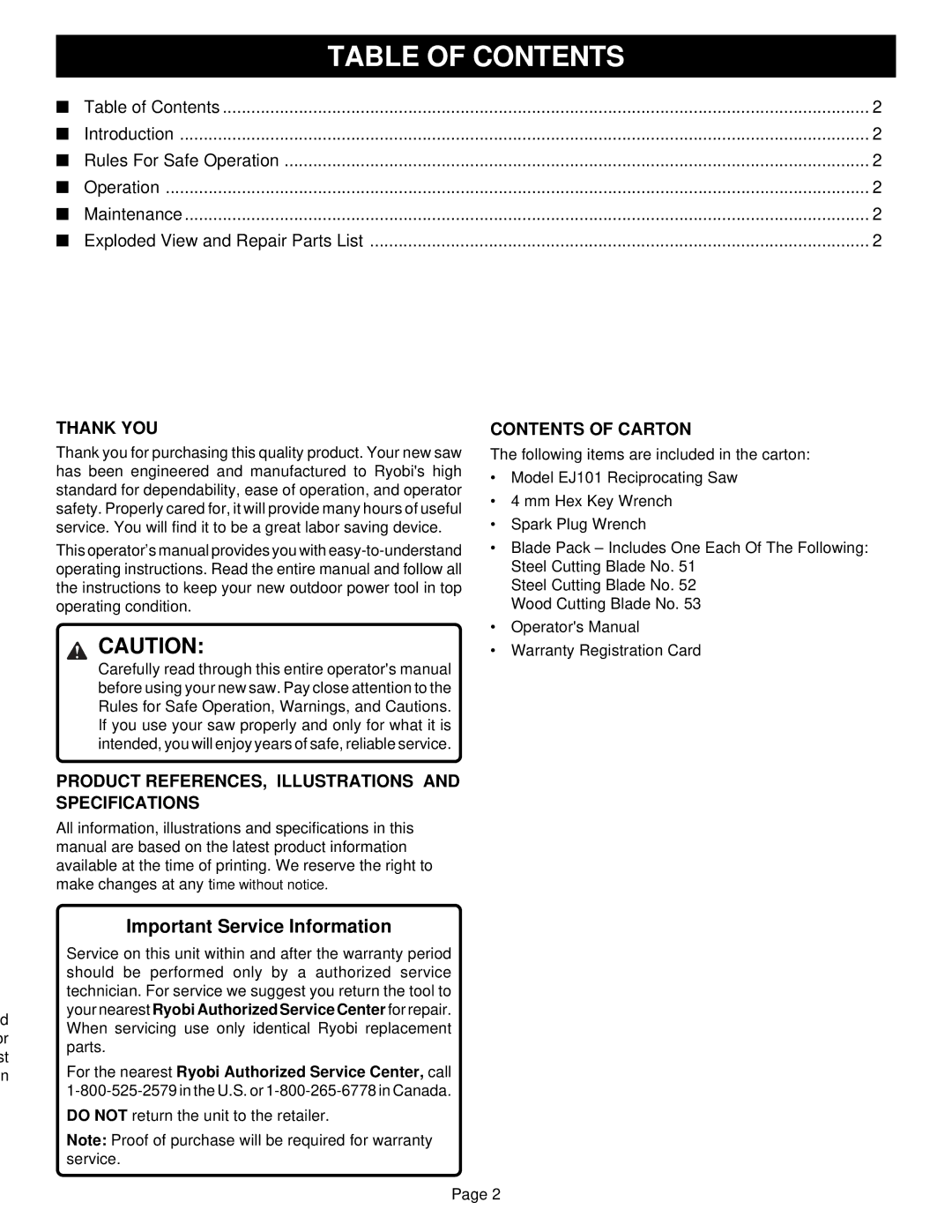 Ryobi EJ101 specifications Table of Contents 