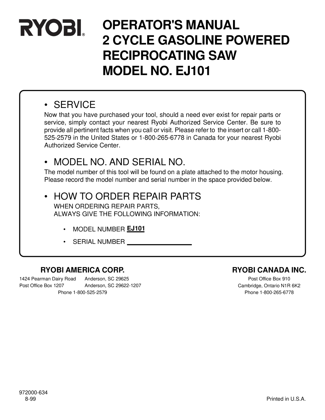 Ryobi EJ101 specifications Service 