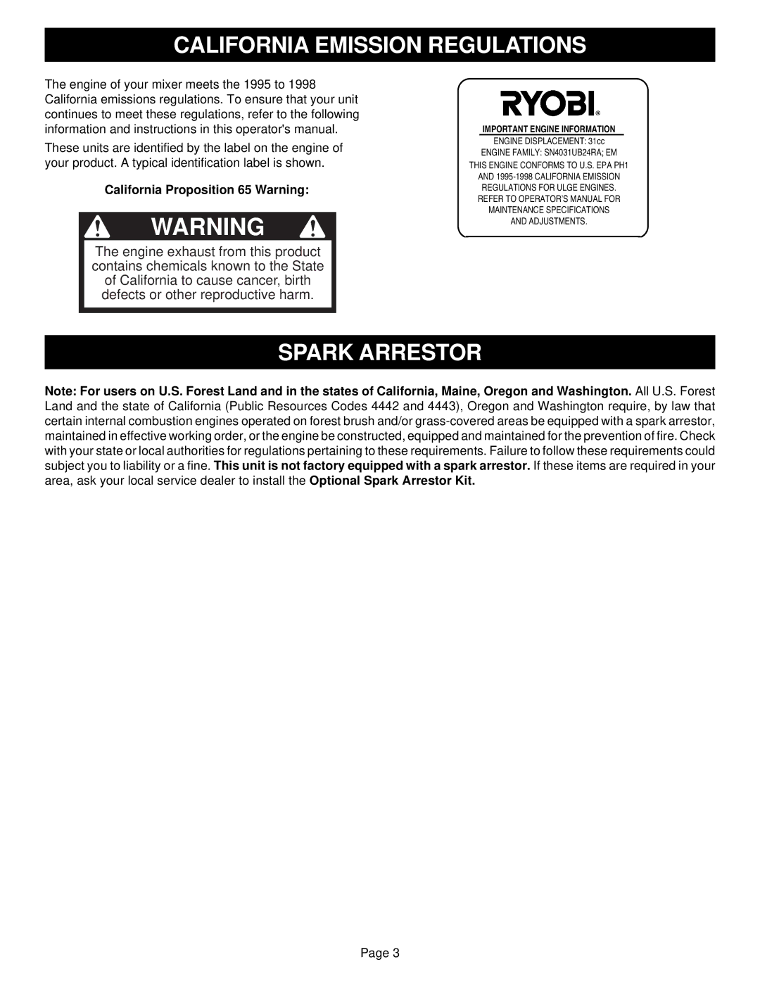 Ryobi EJ101 specifications California Emission Regulations, Spark Arrestor 