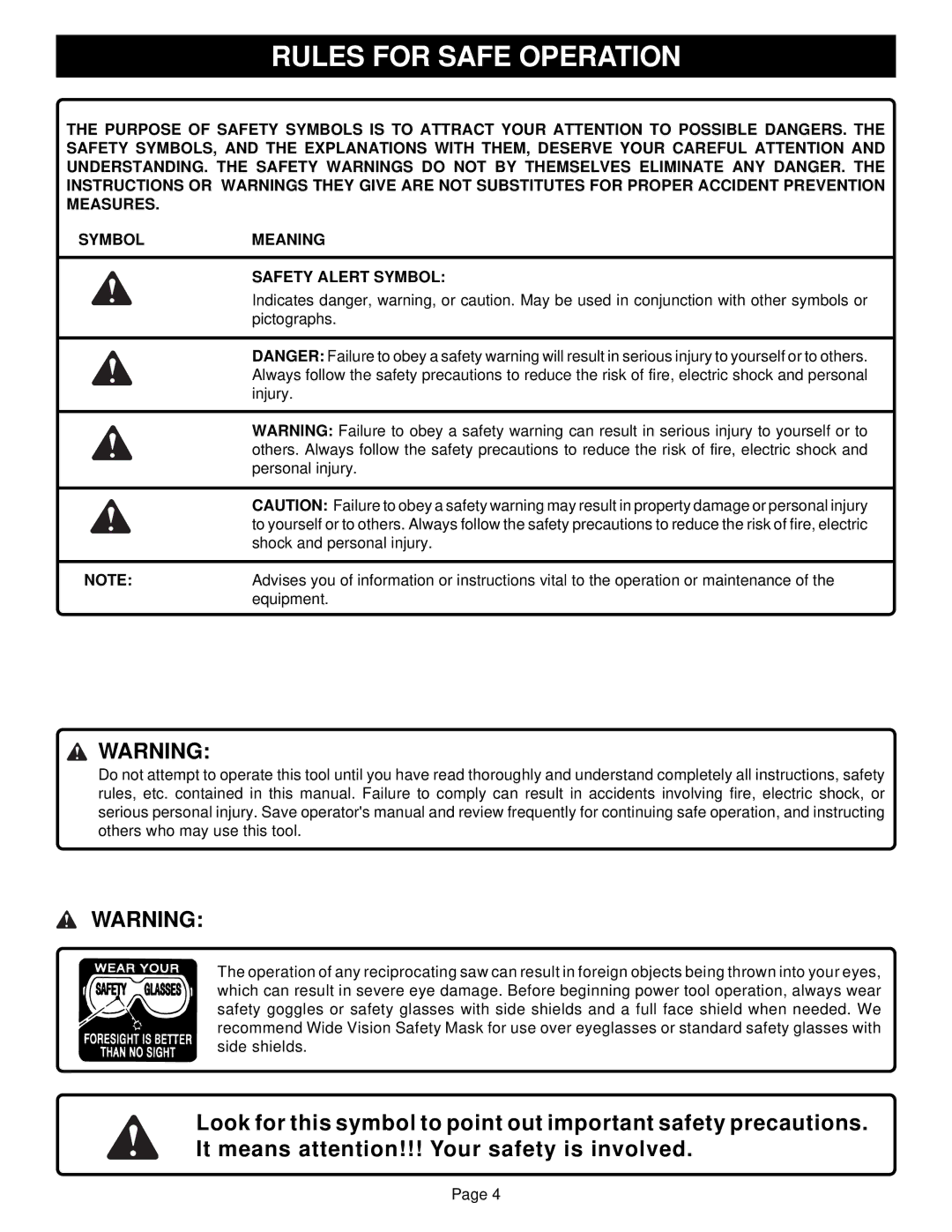 Ryobi EJ101 specifications Rules for Safe Operation 