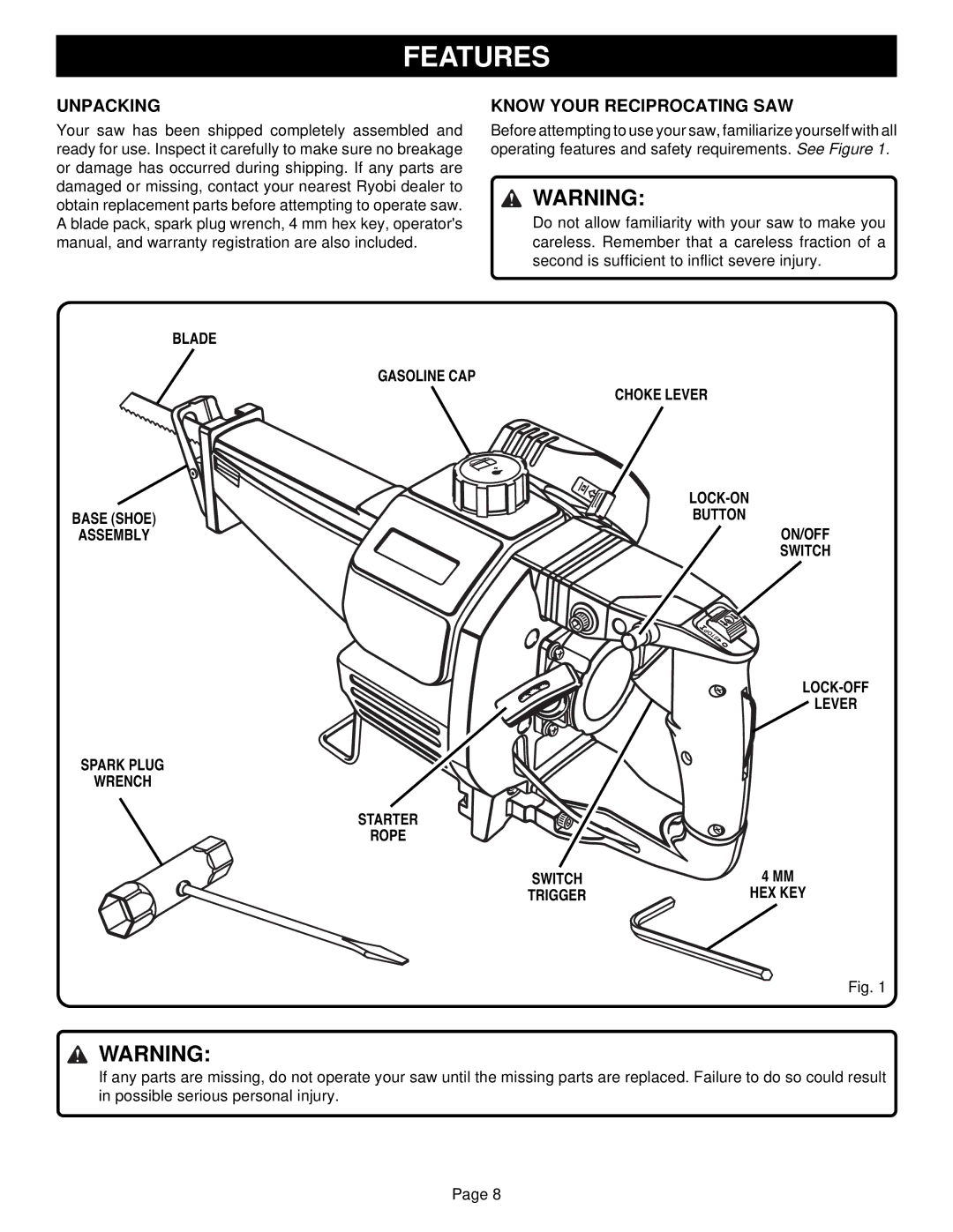 Ryobi EJ101 Features, Unpacking, Know Your Reciprocating SAW, Choke Lever LOCK-ON Button ON/OFF Switch LOCK-OFF 