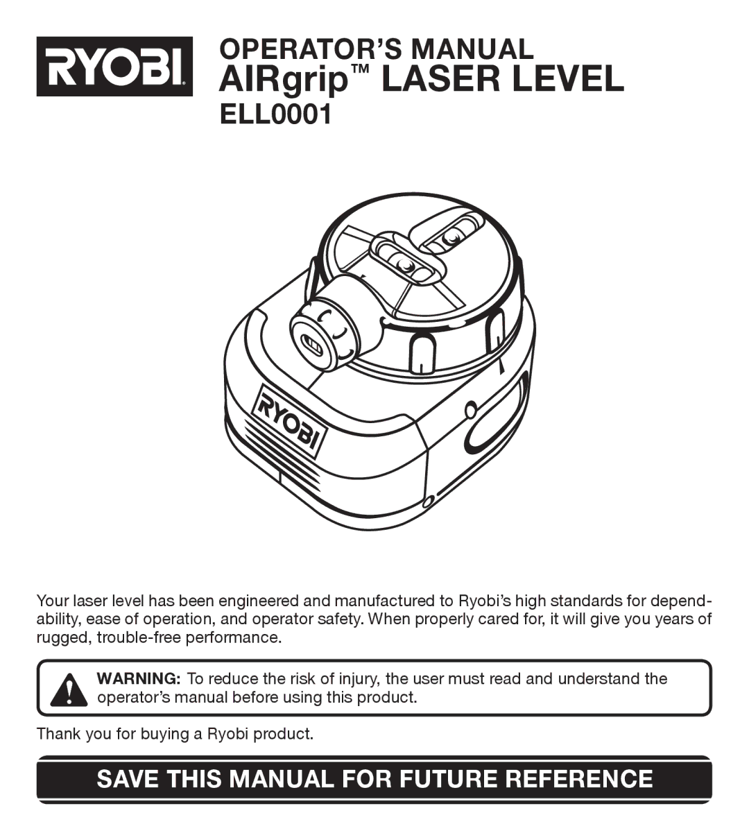 Ryobi ELL0001 manual AIRgrip Laser Level 