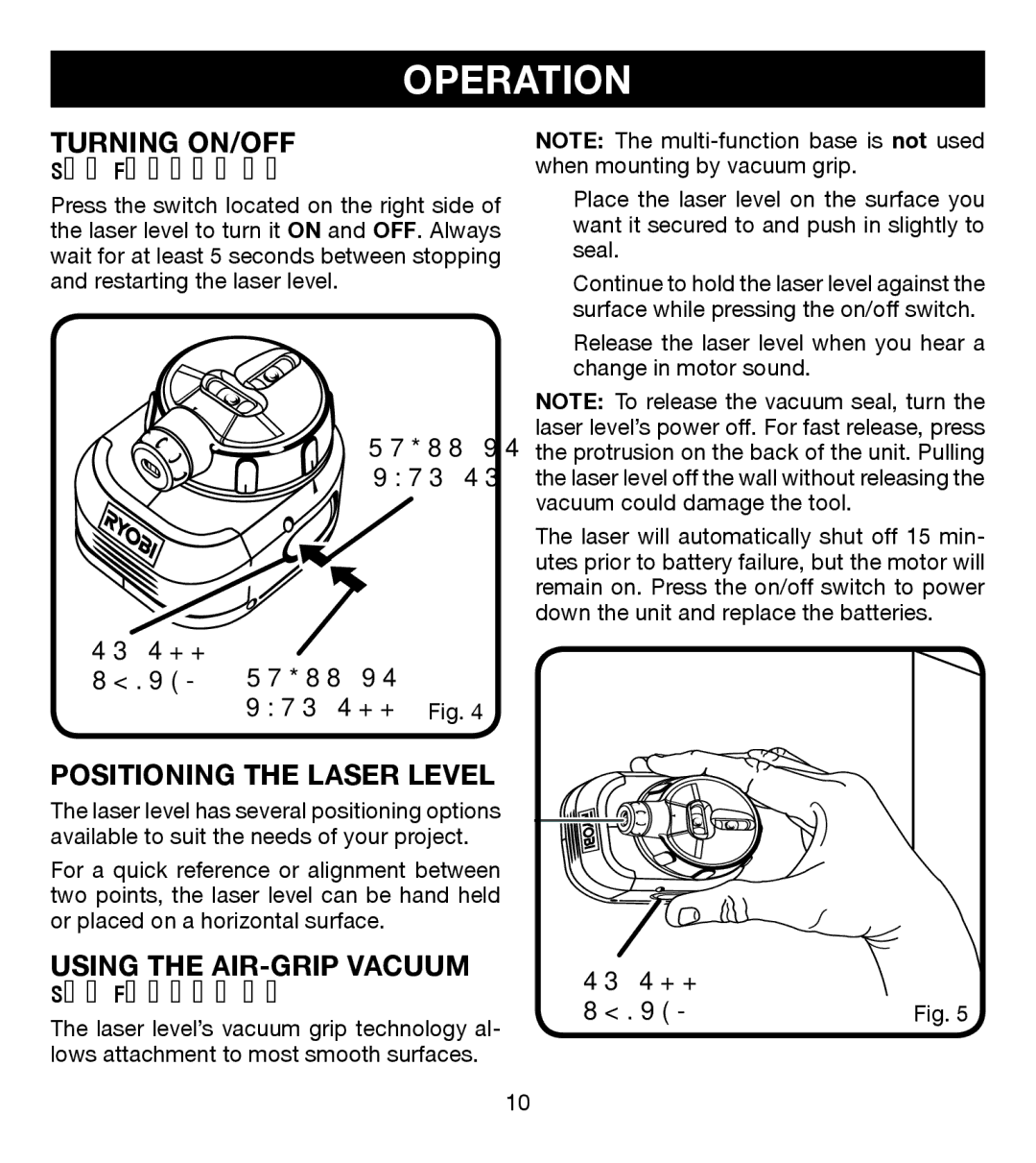 Ryobi ELL0001 manual Turning ON/OFF, Positioning the Laser Level, Using the AIR-GRIP Vacuum 