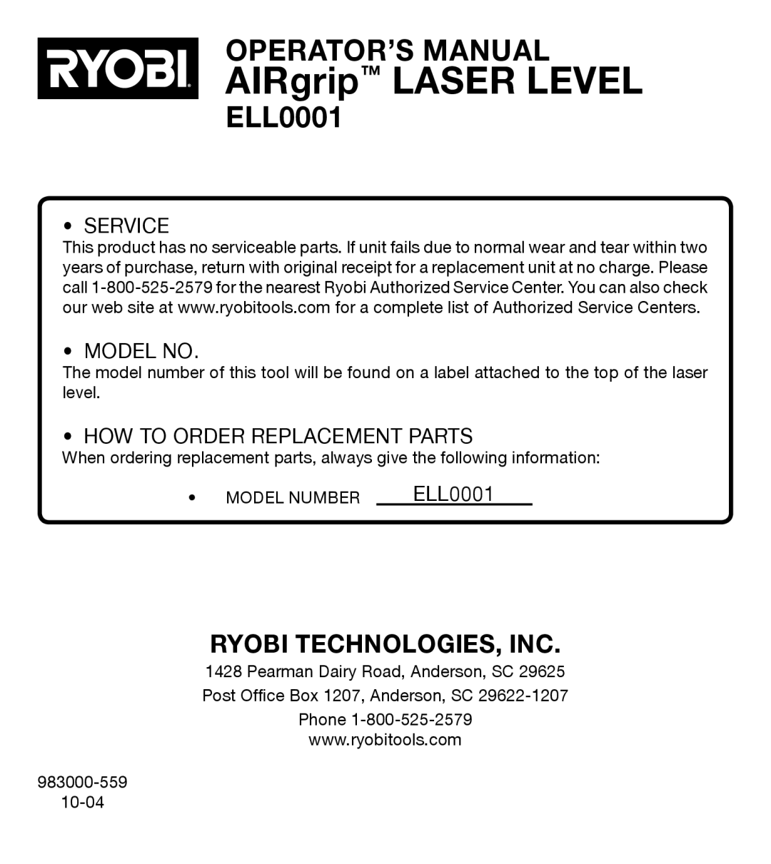 Ryobi ELL0001 manual Ryobi TECHNOLOGIES, INC 