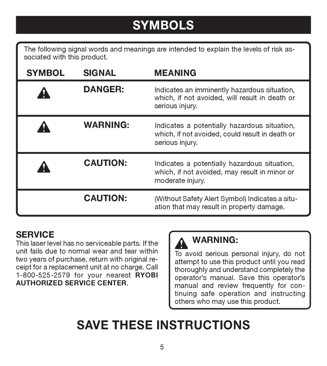 Ryobi ELL0001 manual Symbols, Symbol Signal Meaning, Service 