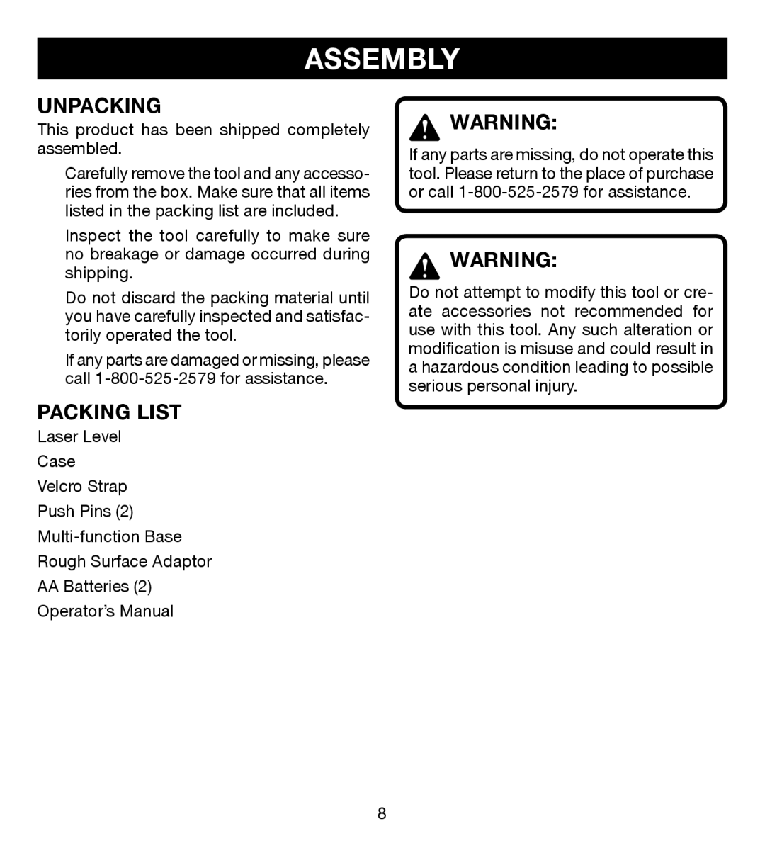 Ryobi ELL0001 manual Assembly, Unpacking, Packing List 