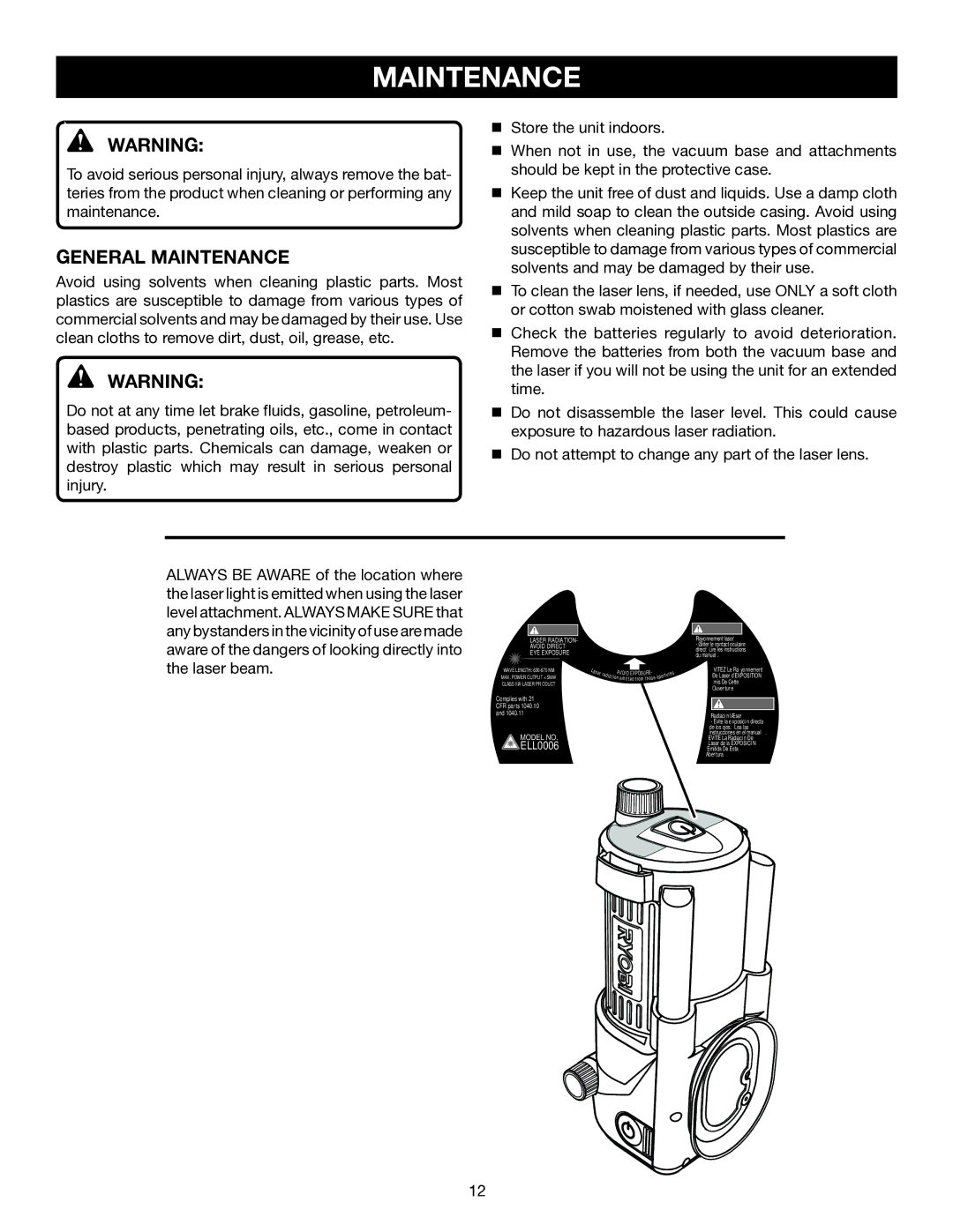 Ryobi ELL0006 manual General Maintenance 