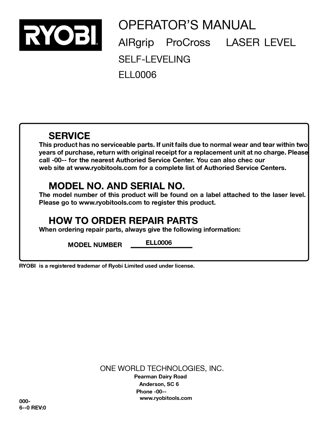 Ryobi ELL0006 manual Service Model NO. and Serial no HOW to Order Repair Parts 