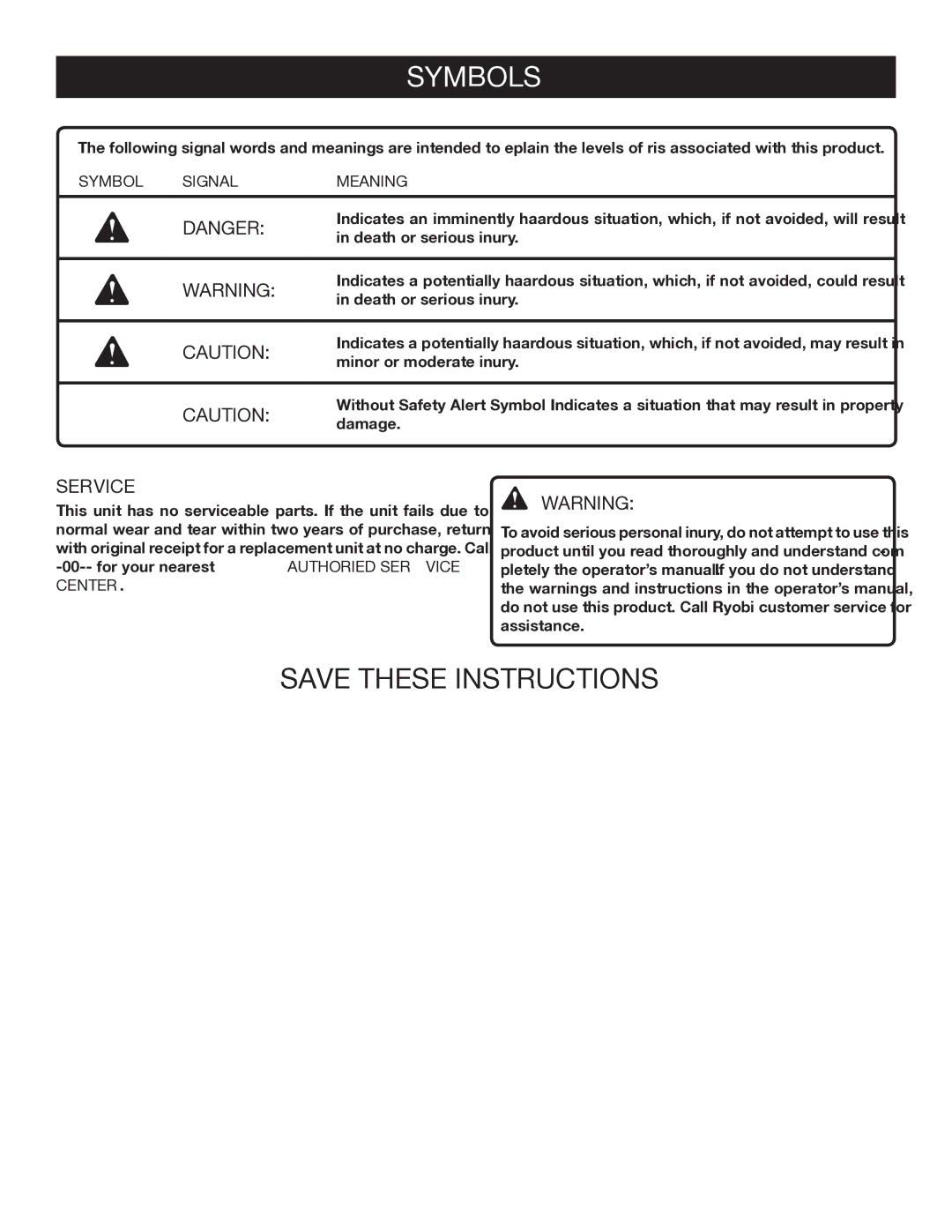 Ryobi ELL0006 manual Service, Symbol Signal Meaning 