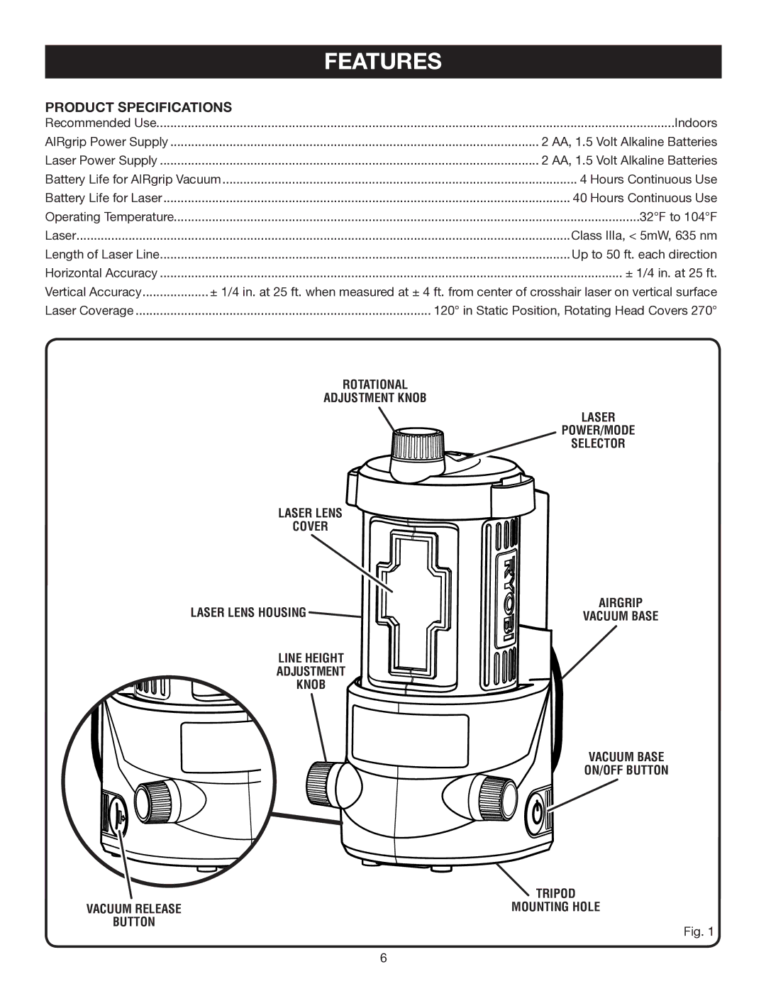 Ryobi ELL0006 manual Features, Product Specifications 