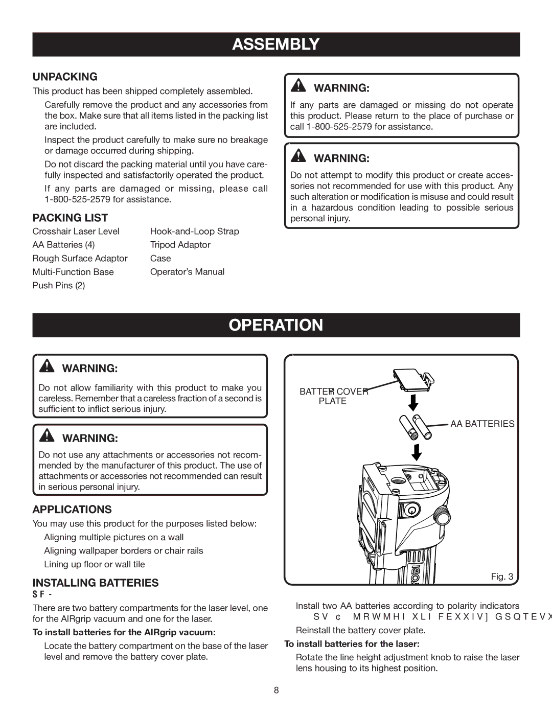 Ryobi ELL0006 manual Assembly, Operation 