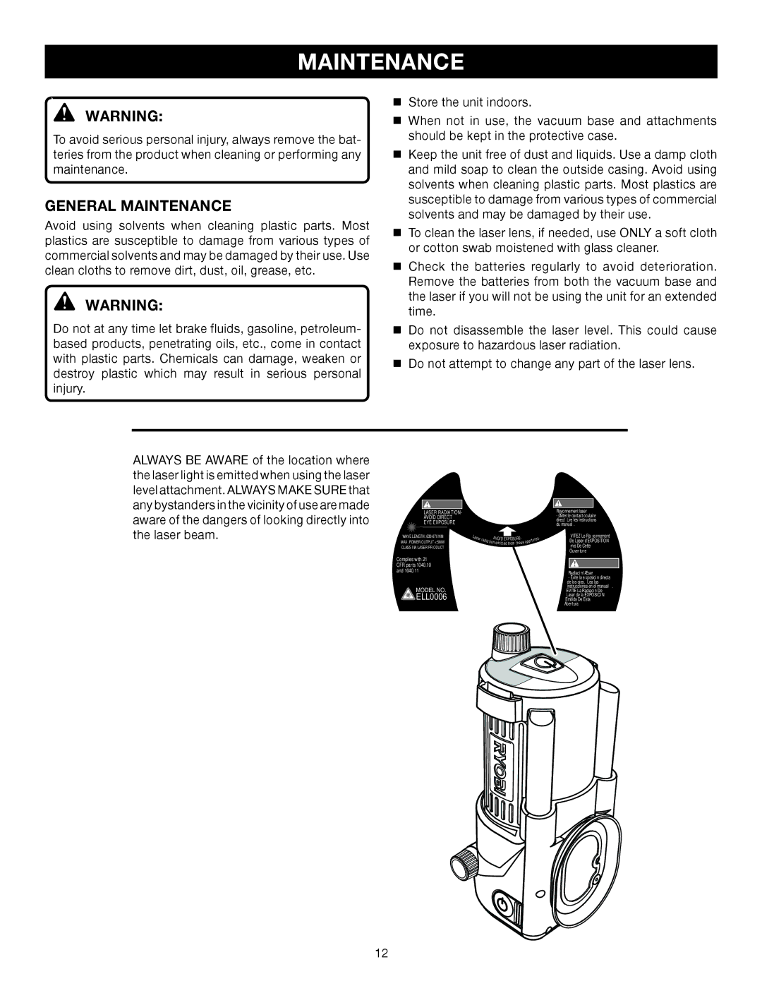 Ryobi ELL0006 manual General Maintenance 