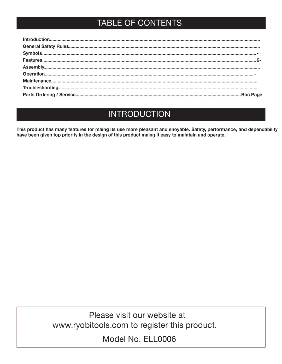 Ryobi ELL0006 manual Introduction, Table of Contents 