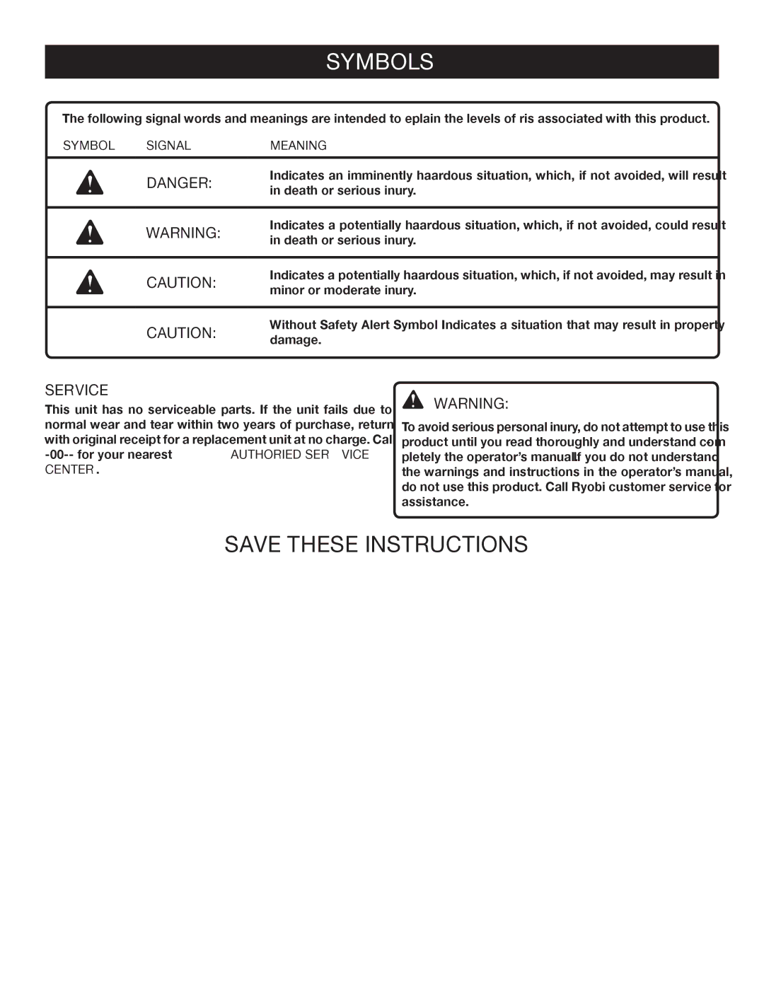 Ryobi ELL0006 manual Service, Symbol Signal Meaning 