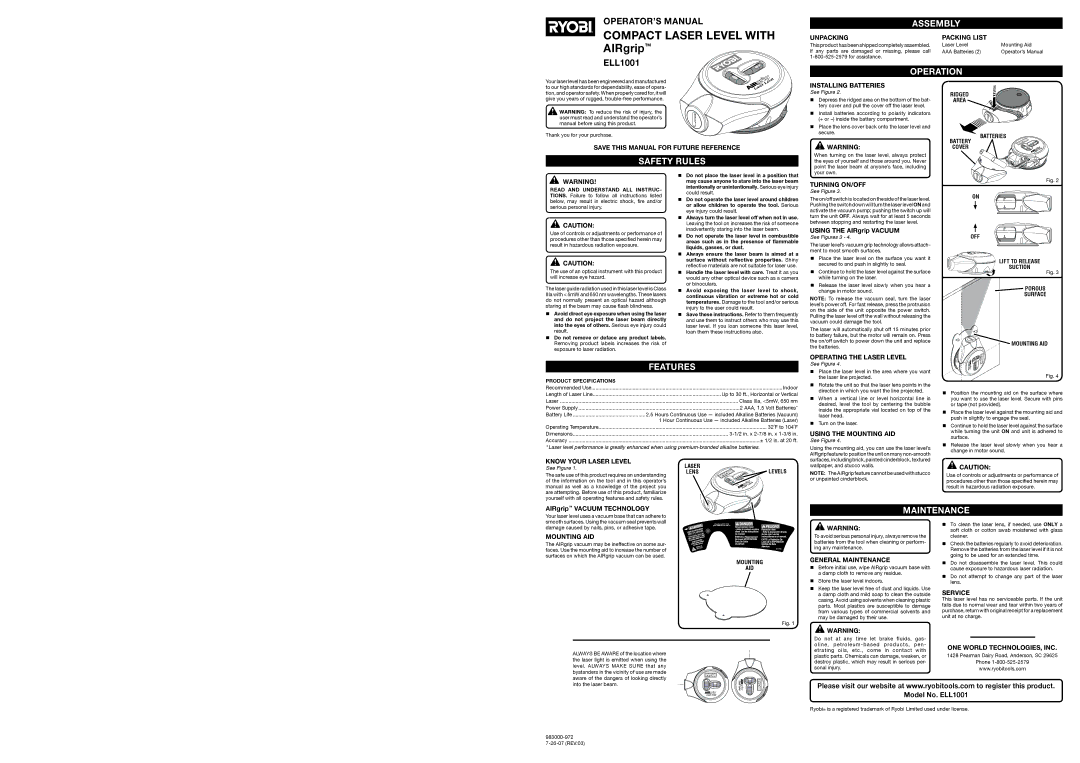 Ryobi ELL1001 specifications Unpacking Packing List, Save this Manual for Future Reference, General Maintenance, Service 