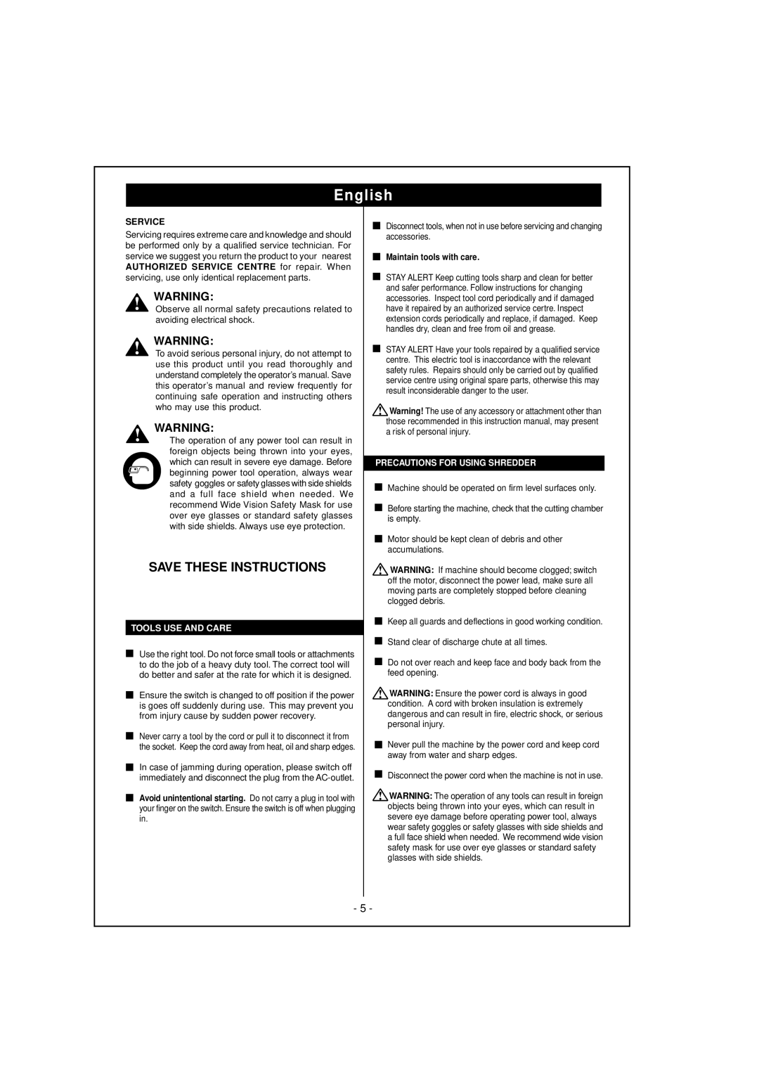 Ryobi ESR2400A manual Tools USE and Care, Precautions for Using Shredder 