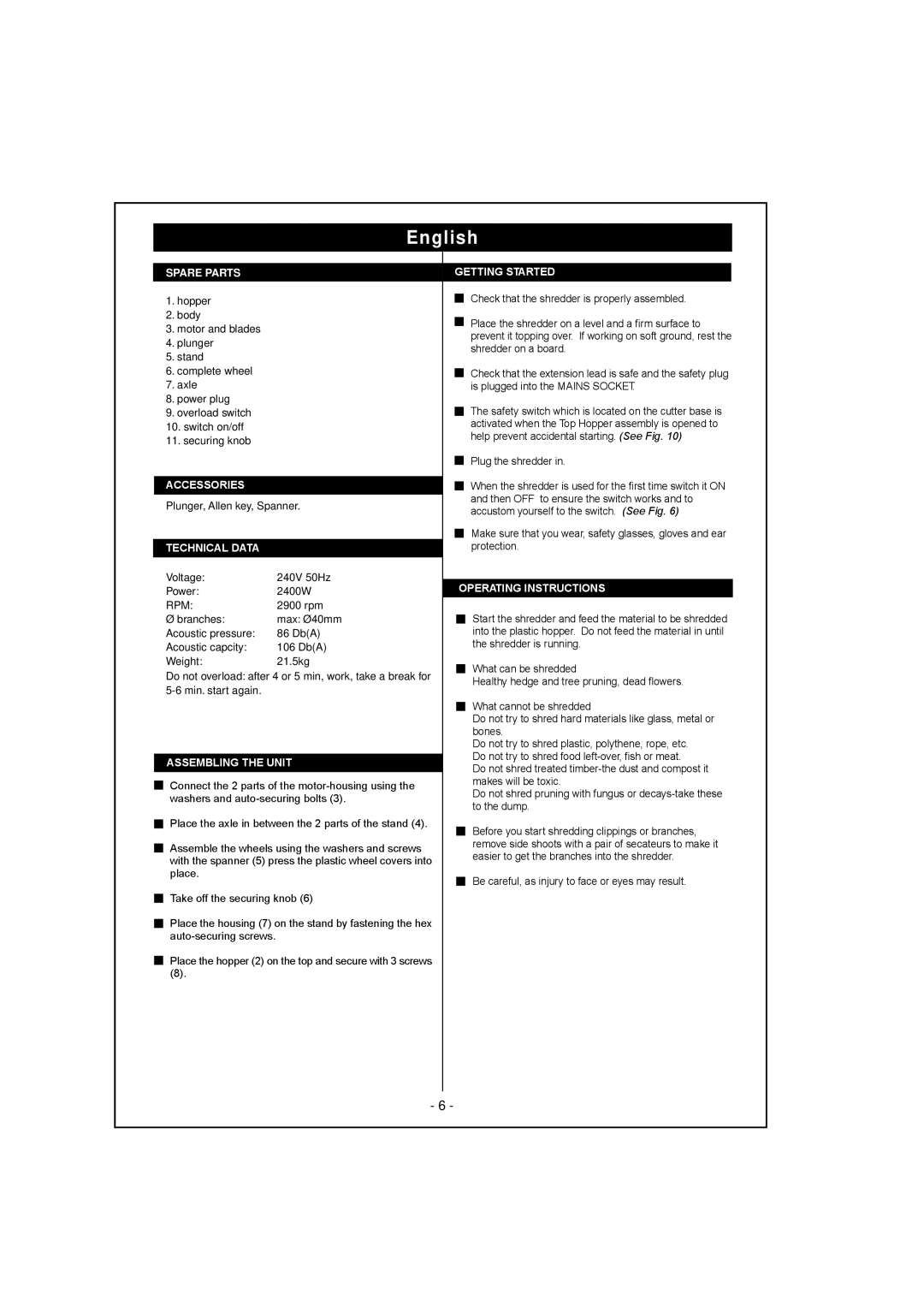 Ryobi ESR2400A manual Spare Parts, Technical Data 