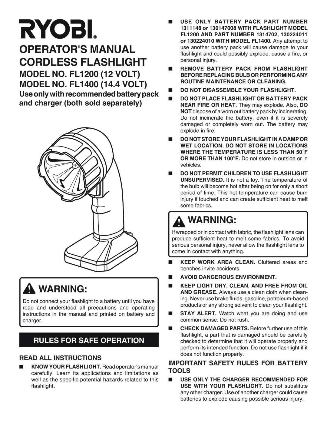 Ryobi FL1200, FL1400 operating instructions Rules for Safe Operation, Read ALL Instructions, Avoid Dangerous Environment 