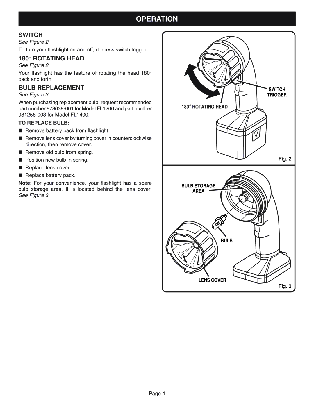 Ryobi FL1400, FL1200 operating instructions Switch, Rotating Head, Bulb Replacement, To Replace Bulb 