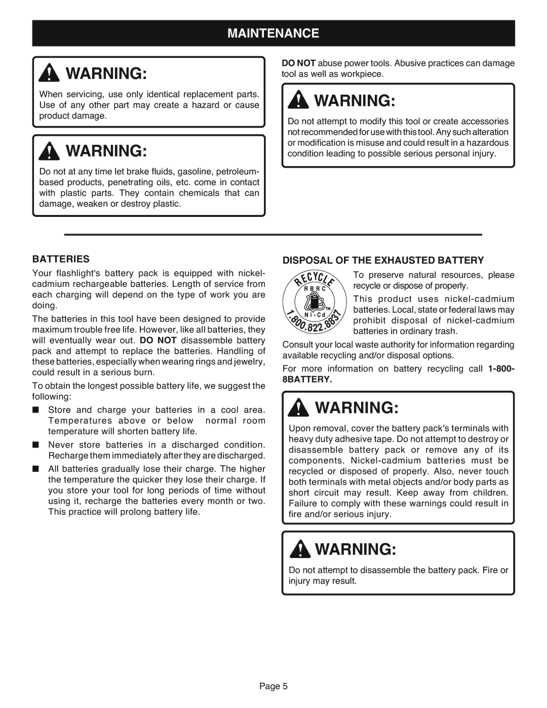 Ryobi FL1200, FL1400 operating instructions Maintenance, Batteries 