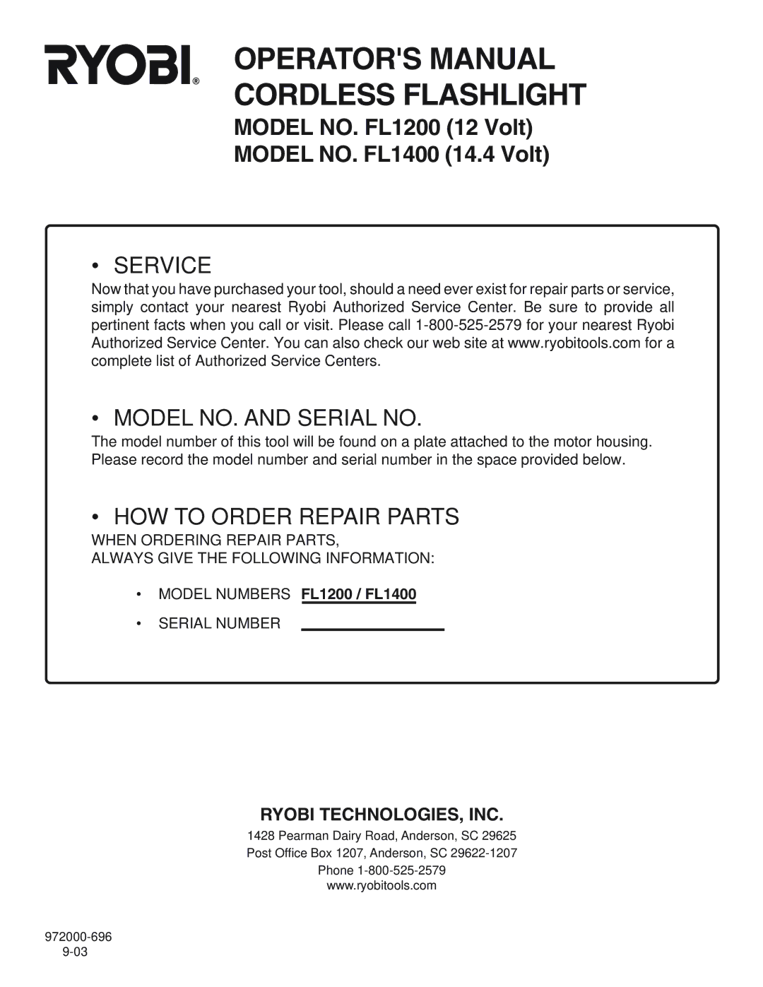 Ryobi operating instructions Operators Manual Cordless Flashlight, Model Numbers FL1200 / FL1400 