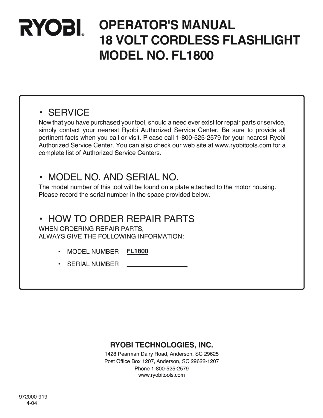 Ryobi manual Operators Manual Volt Cordless Flashlight Model NO. FL1800 