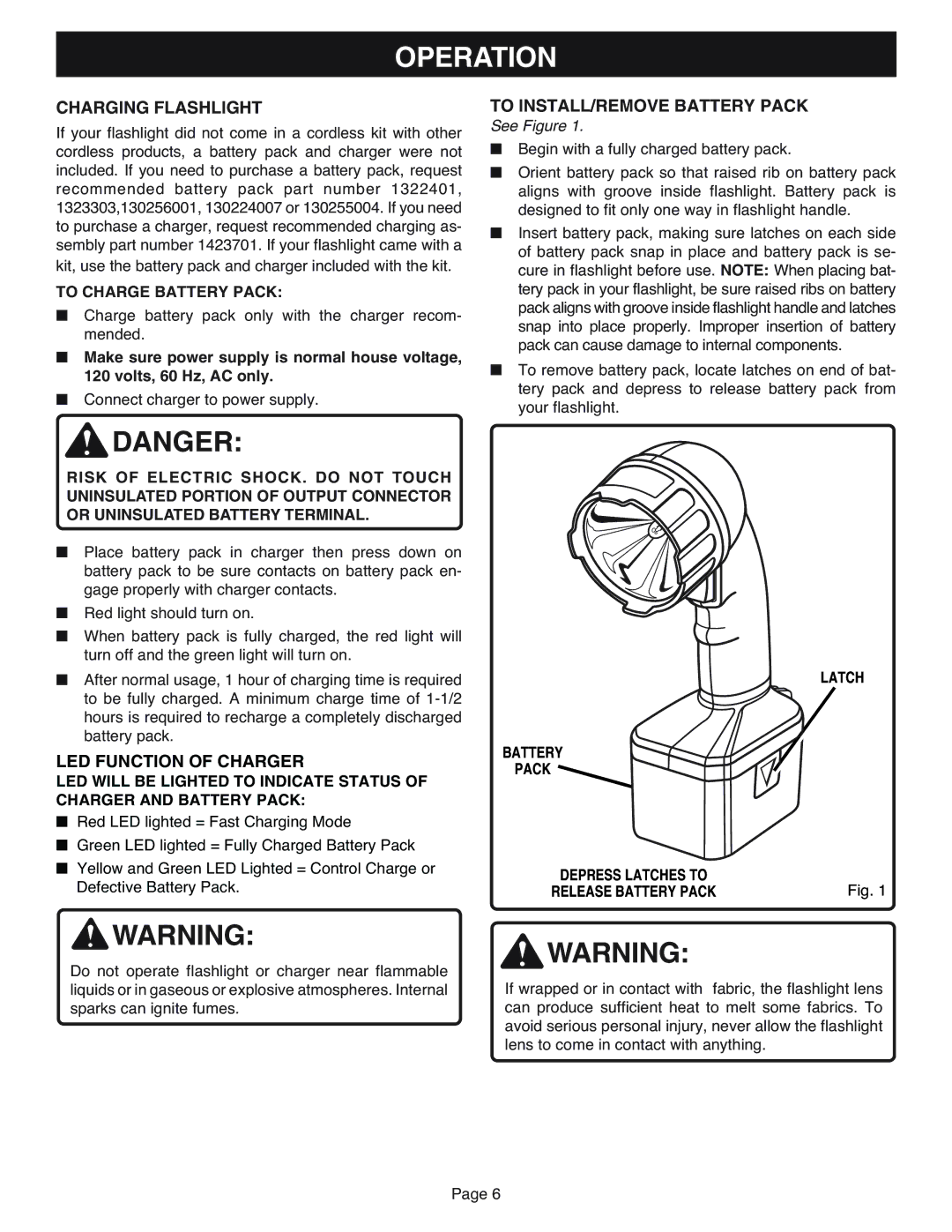 Ryobi FL1800 manual Operation, Charging Flashlight, To INSTALL/REMOVE Battery Pack, LED Function of Charger 