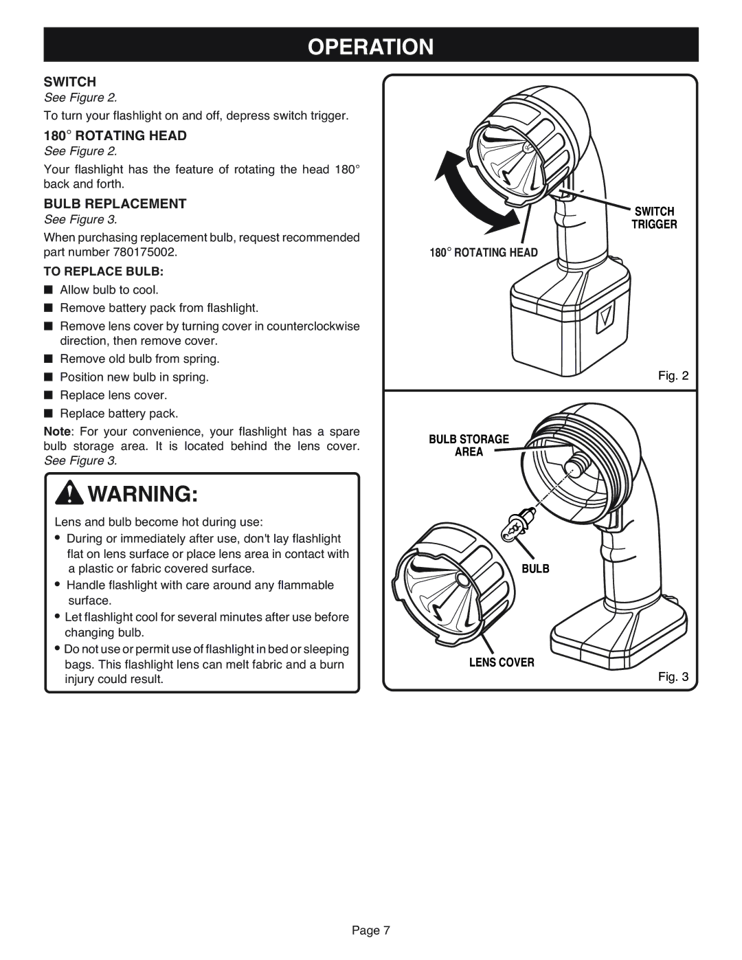 Ryobi FL1800 manual Switch, Rotating Head, Bulb Replacement, To Replace Bulb 