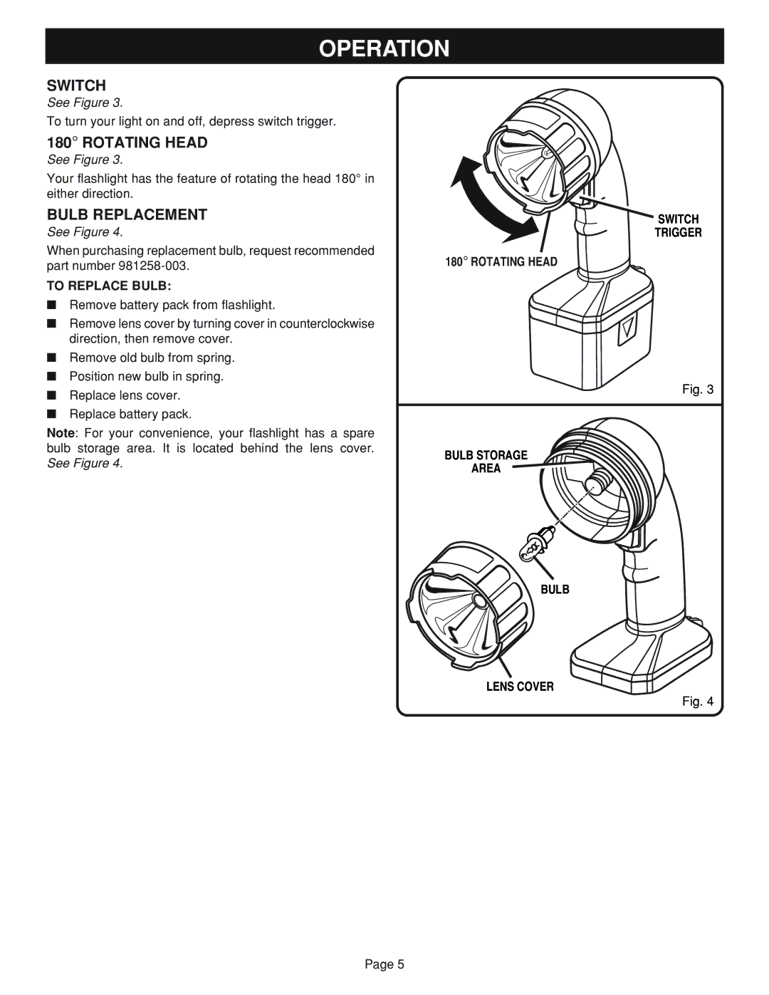 Ryobi FL96 manual Switch, Rotating Head, Bulb Replacement, To Replace Bulb 