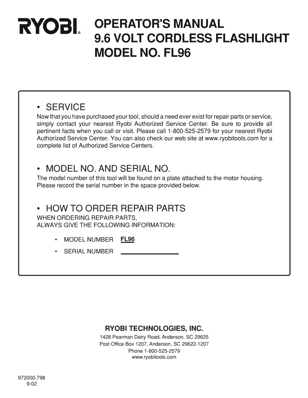 Ryobi manual Operators Manual Volt Cordless Flashlight Model NO. FL96, Service Model NO. and Serial no 