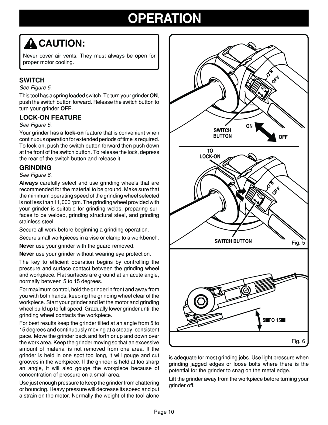 Ryobi G1151C specifications LOCK-ON Feature, Grinding, LOCK-ON Switch Button 