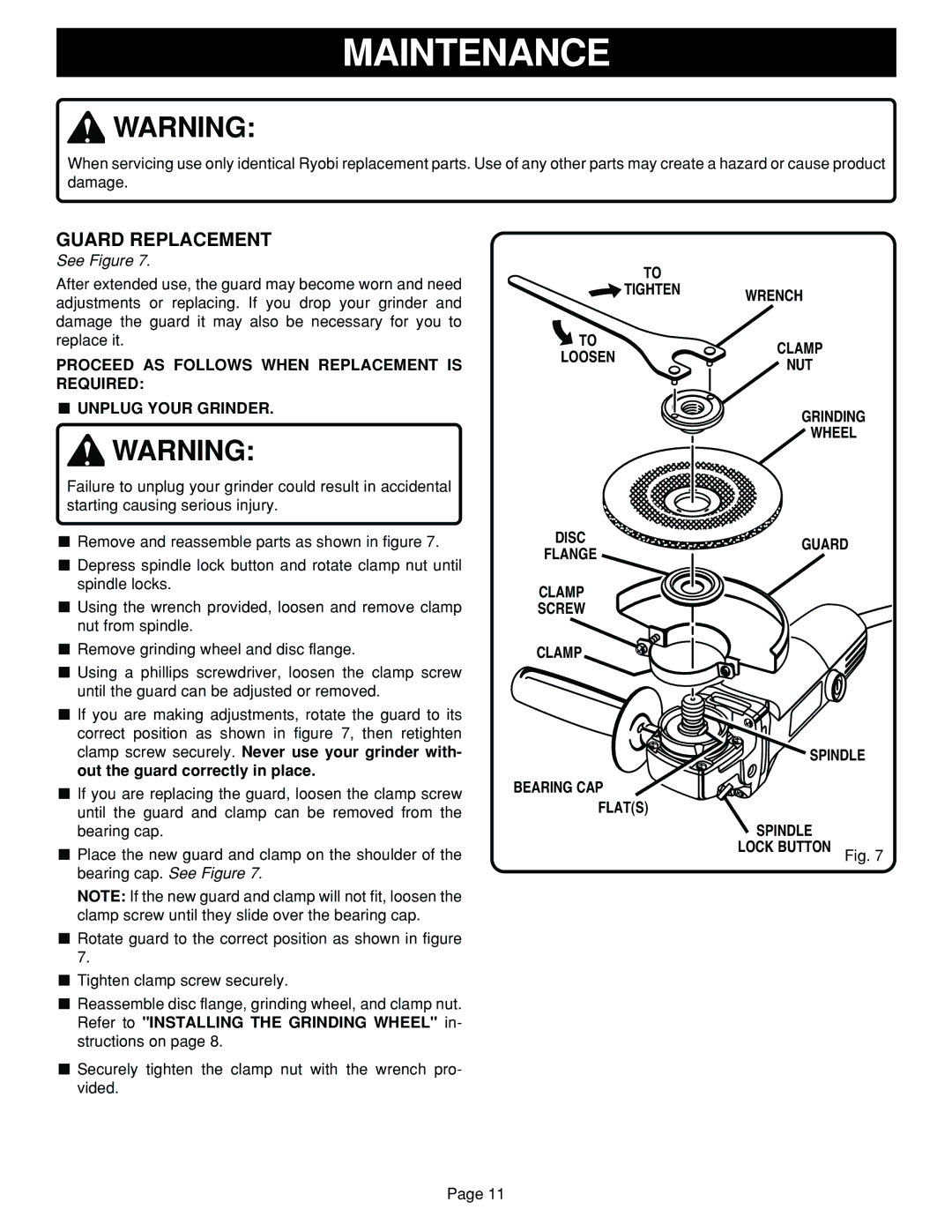 Ryobi G1151C specifications Maintenance, Guard Replacement 