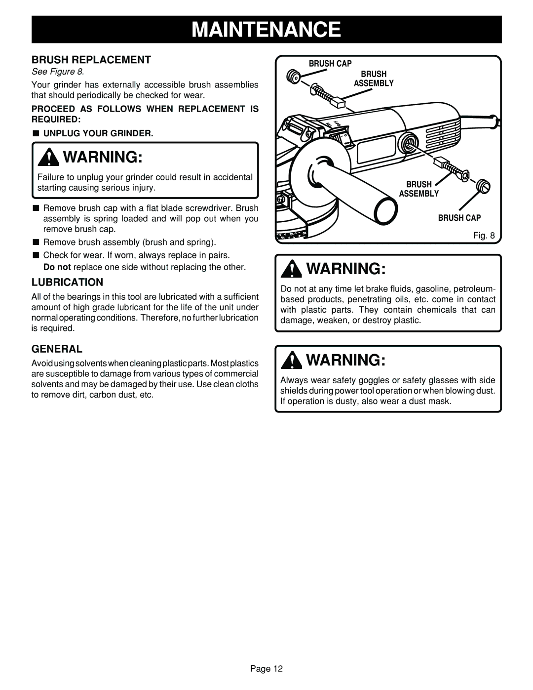 Ryobi G1151C specifications Brush Replacement, Lubrication, General, Brush CAP Assembly 