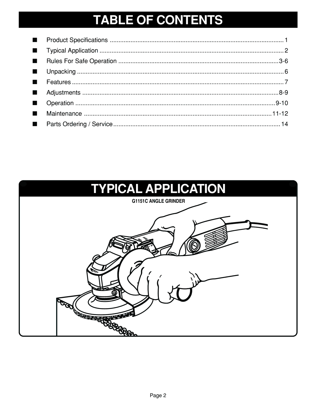 Ryobi G1151C specifications Table of Contents, Typical Application 