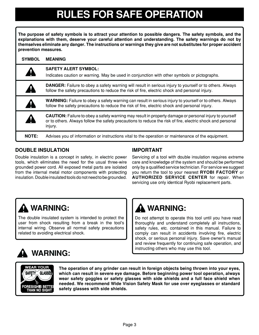 Ryobi G1151C specifications Rules for Safe Operation, Double Insulation, Symbol Meaning Safety Alert Symbol 